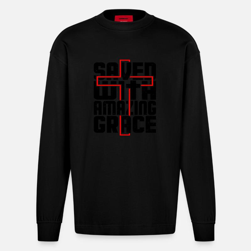 Saved with amazing grace - Heavyweight Oversized Organic Langarmshirt Made in EU - SOLID BLACK