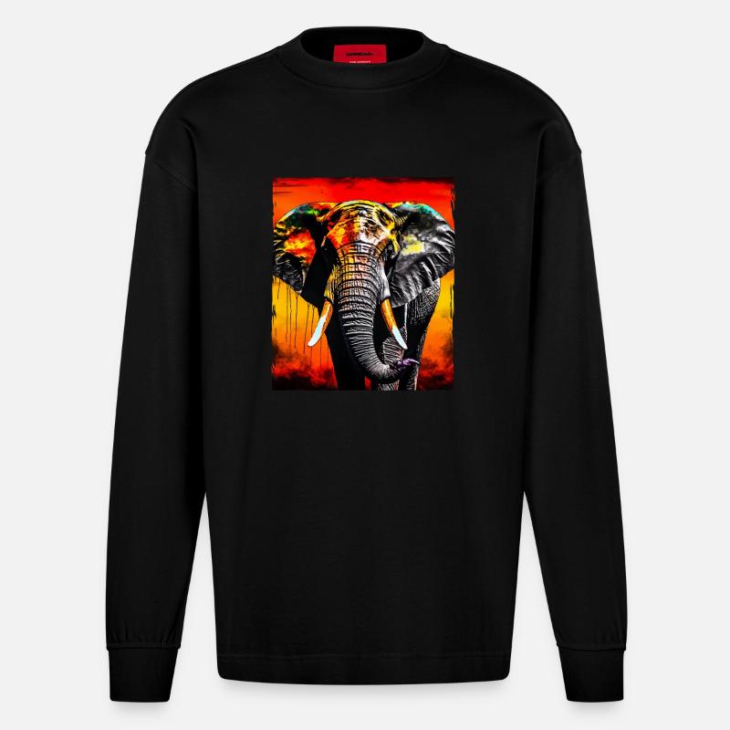 Portrait d’éléphant - Manches longues bio épais oversize fabriqué en UE - SOLID BLACK
