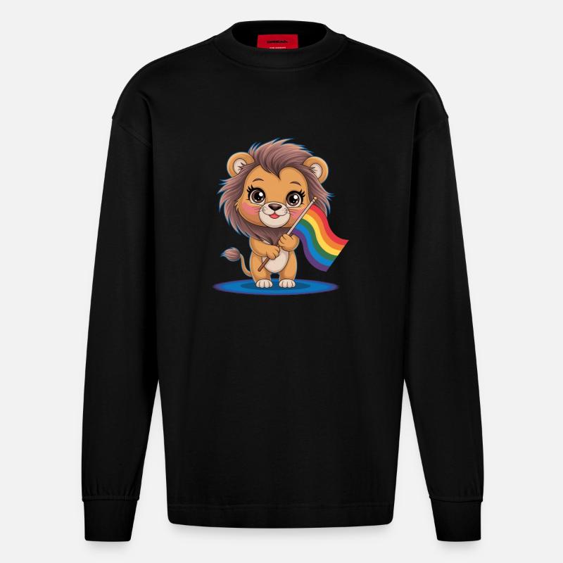 Niedlicher Löwe Mit Regenbogenfahne - Heavyweight Oversized Organic Langarmshirt Made in EU - SOLID BLACK