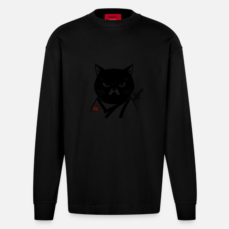 Die Samurai-Katze, die Bushido-Katze - Heavyweight Oversized Organic Langarmshirt Made in EU - SOLID BLACK