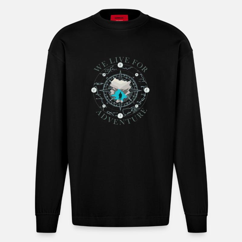 Kompass Abenteuer Silhouette Design Compass - Heavyweight Oversized Organic Langarmshirt Made in EU - SOLID BLACK