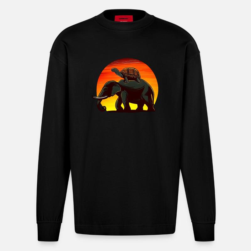 Elephant Turtle Sunset Design - Manches longues bio épais oversize fabriqué en UE - SOLID BLACK