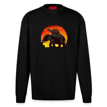 Elephant Turtle Sunset Design - Heavyweight Oversized Organic Longsleeve Shirt Made in EU - SOLID BLACK - Front