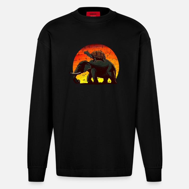 Elephant Turtle Sunset Design - Manches longues bio épais oversize fabriqué en UE - SOLID BLACK