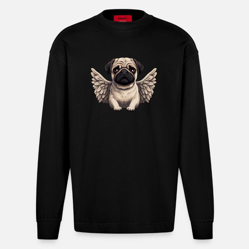 Süßer Mops-Engel im Comic-Stil - Heavyweight Oversized Organic Langarmshirt Made in EU - SOLID BLACK