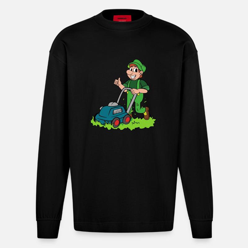Gärtner mit Rasenmäher - Heavyweight Oversized Organic Langarmshirt Made in EU - SOLID BLACK