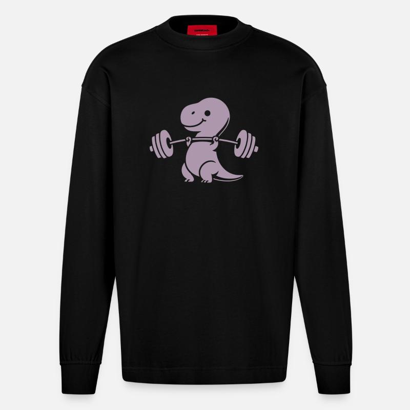 T-Rex mit Hantel Workout - Heavyweight Oversized Organic Langarmshirt Made in EU - SOLID BLACK