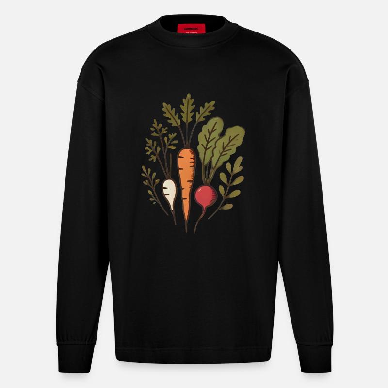 Vegane Wurzeln Karotten-Radieschen-Design - Heavyweight Oversized Organic Langarmshirt Made in EU - SOLID BLACK
