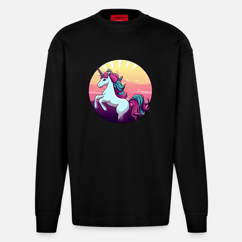 Einhorn springt Sunset - Heavyweight Oversized Organic Langarmshirt Made in EU - SOLID BLACK