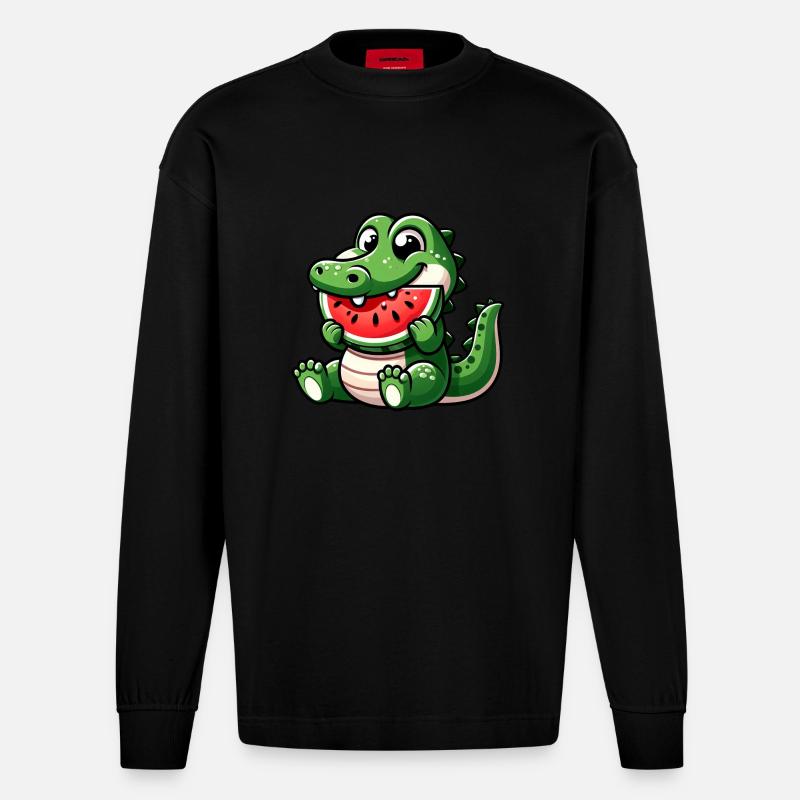 Crocodile avec pastèque fruité mignon - Manches longues bio épais oversize fabriqué en UE - SOLID BLACK