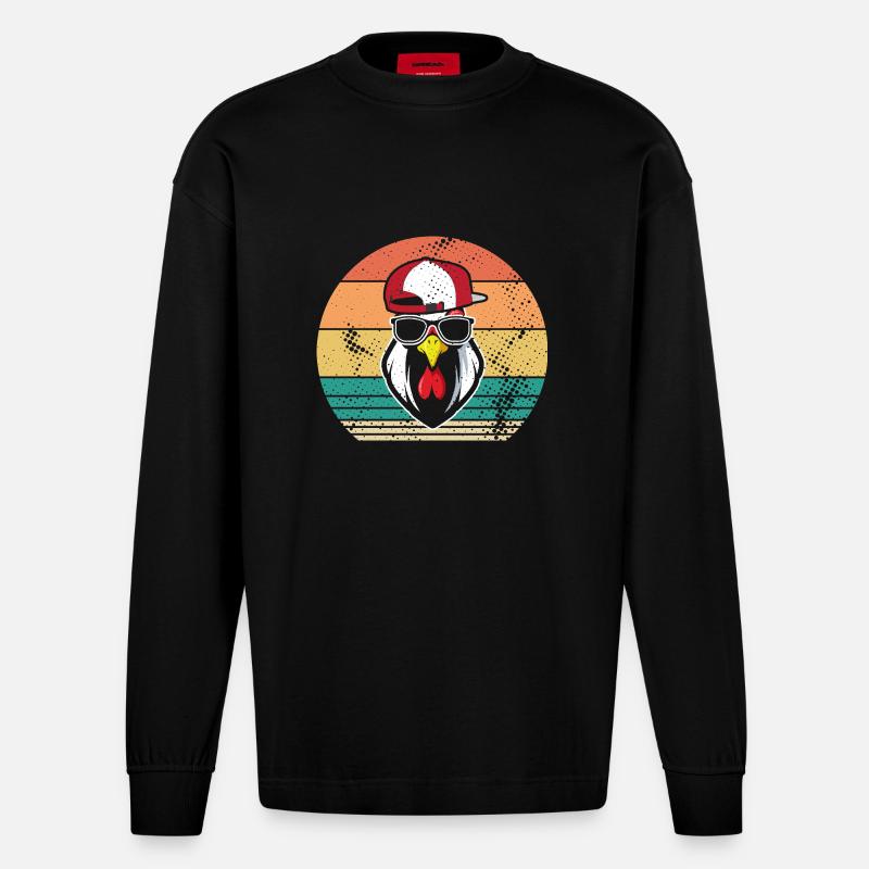 Hühner Hahn - Heavyweight Oversized Organic Langarmshirt Made in EU - SOLID BLACK