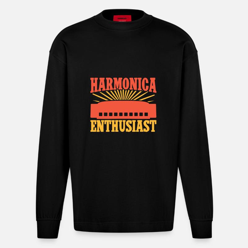 Funny Harmonica Player Enthusiast Harmonica - Heavyweight Oversized Organic Longsleeve Shirt Made in EU - SOLID BLACK