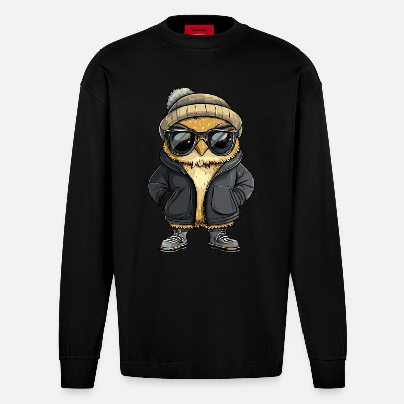 Eule Cool Comic - Heavyweight Oversized Organic Langarmshirt Made in EU - SOLID BLACK