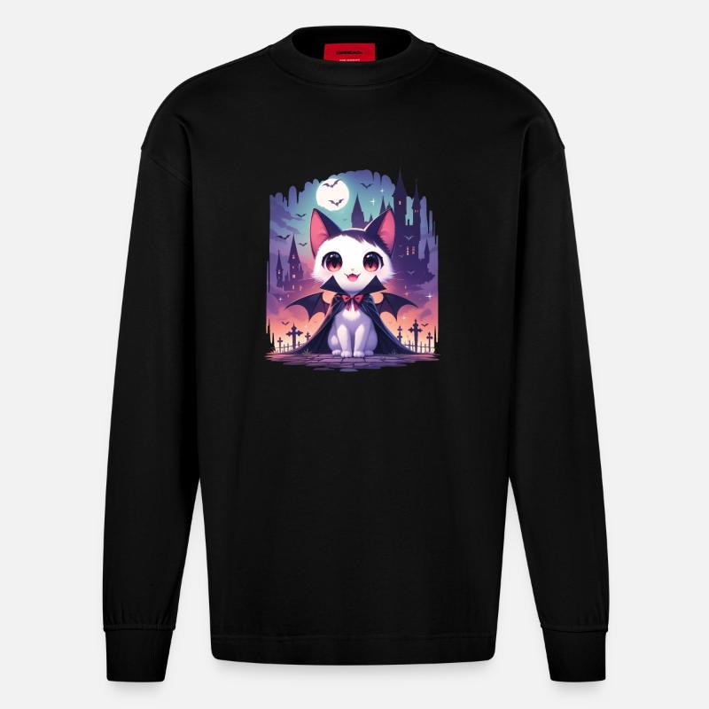 Chat vampire d’Halloween mignon - Manches longues bio épais oversize fabriqué en UE - SOLID BLACK