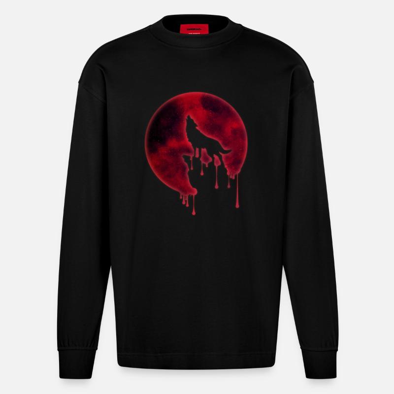 Blut Mond Heulender Wolf - Heavyweight Oversized Organic Langarmshirt Made in EU - SOLID BLACK