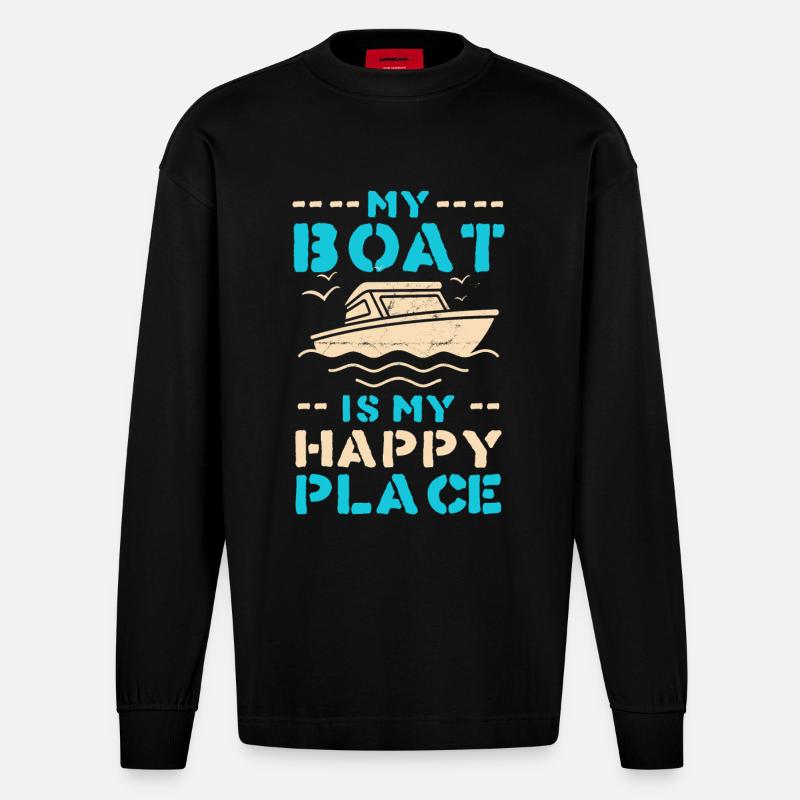Boot als Happy Place – maritimes Motiv - Heavyweight Oversized Organic Langarmshirt Made in EU - SOLID BLACK