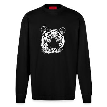 Tiger Big Cat with Vintage Stripe Pattern - Heavyweight Oversized Organic Longsleeve Shirt Made in EU - SOLID BLACK - Front