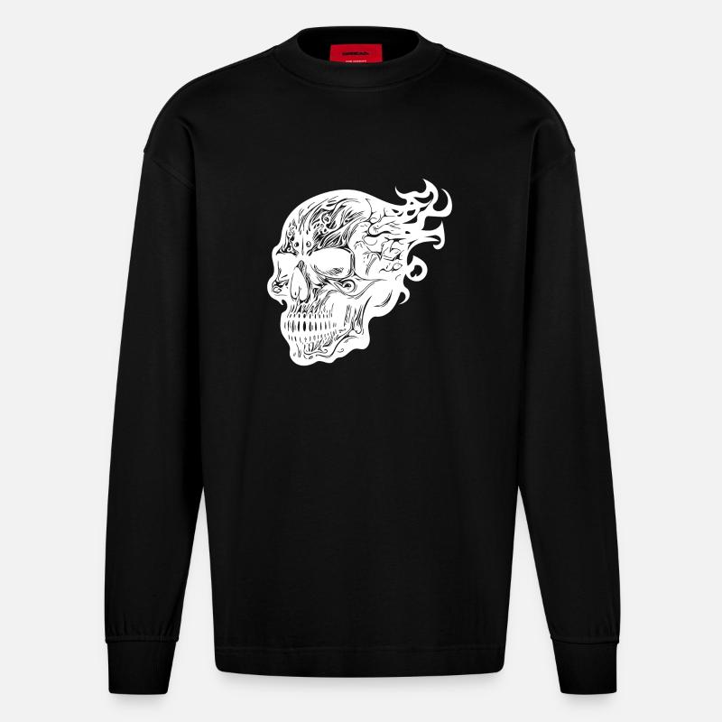 Brennender Tattoo Feuer Schädel - Heavyweight Oversized Organic Langarmshirt Made in EU - SOLID BLACK