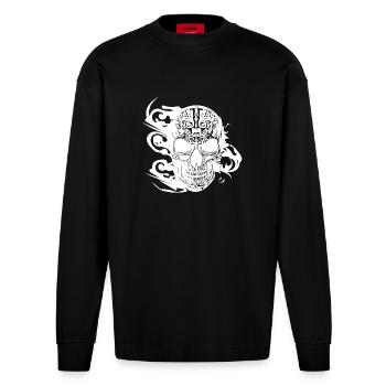 Brennender grinsender Tattoo Schädel - Heavyweight Oversized Organic Langarmshirt Made in EU - SOLID BLACK - Vorne