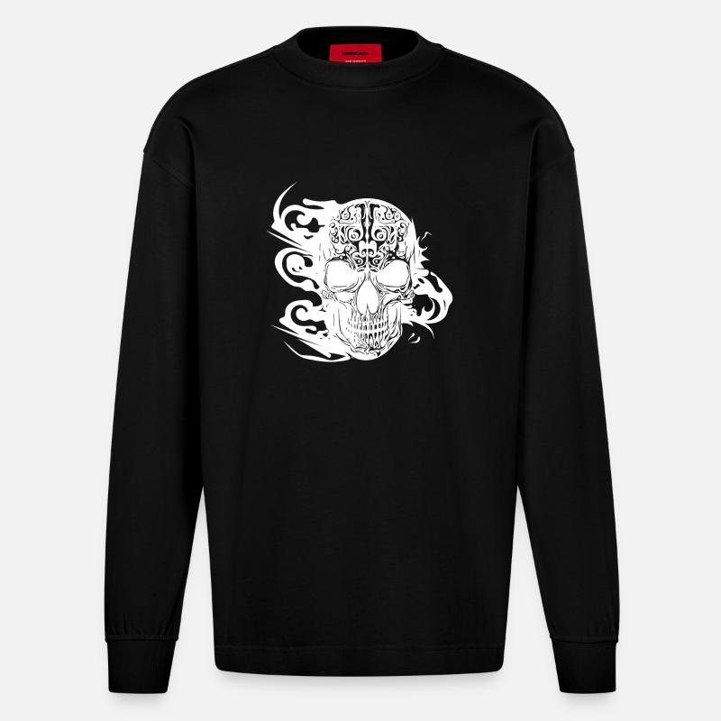 Burning grinning tattoo skull - Heavyweight Oversized Organic Longsleeve Shirt Made in EU - SOLID BLACK