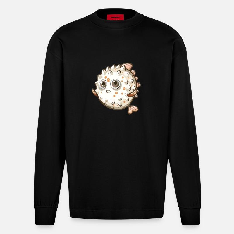 Mignon personnage de dessin animé de poisson-globe - Manches longues bio épais oversize fabriqué en UE - SOLID BLACK