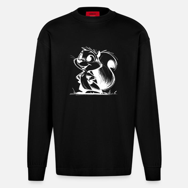 Dessin au crayon d’écureuil mignon - Manches longues bio épais oversize fabriqué en UE - SOLID BLACK