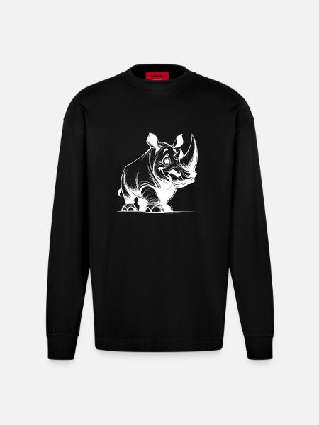 Grinning Rhinoceros Stroke Drawing Sketch - Heavyweight Oversized Organic Longsleeve Shirt Made in EU - SOLID BLACK