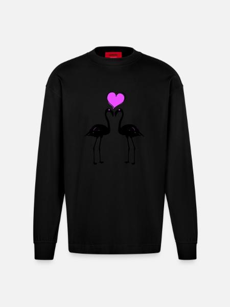 Flamingo Liebe Paar - Heavyweight Oversized Organic Langarmshirt Made in EU - SOLID BLACK
