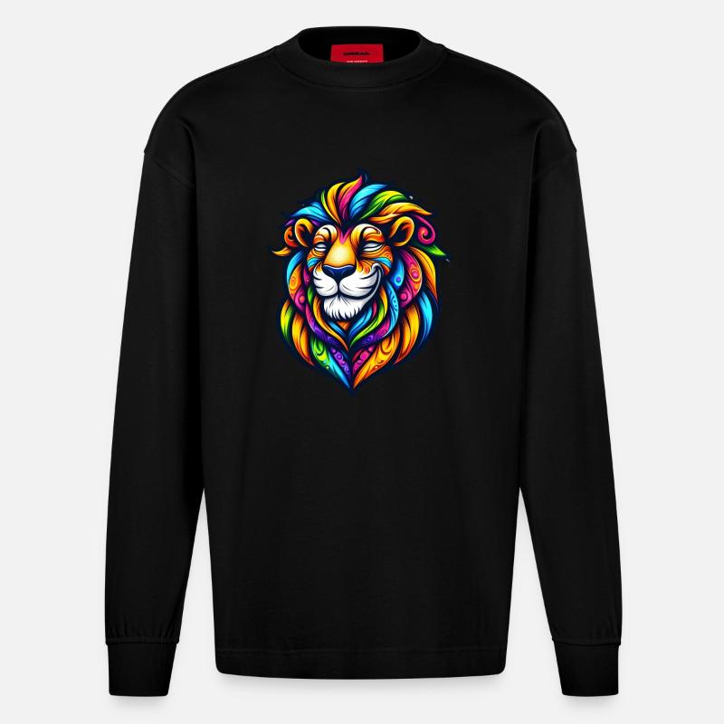 psychedelic Löwe - Heavyweight Oversized Organic Langarmshirt Made in EU - SOLID BLACK