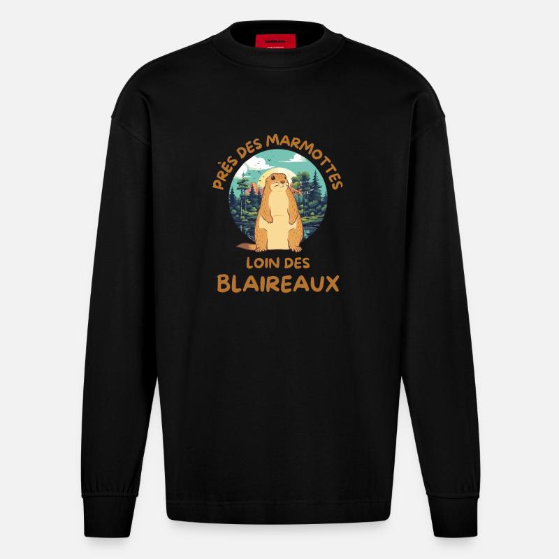 Humour marmotte - Manches longues bio épais oversize fabriqué en UE - SOLID BLACK