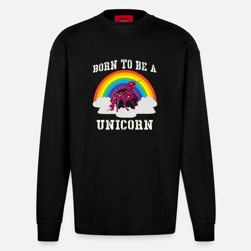 Regenbogen Einhorn - Heavyweight Oversized Organic Langarmshirt Made in EU - SOLID BLACK