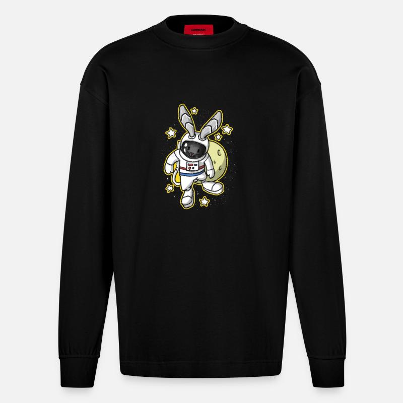 Bunny Easter Space Astronaut Gift - Heavyweight Oversized Organic Longsleeve Shirt Made in EU - SOLID BLACK