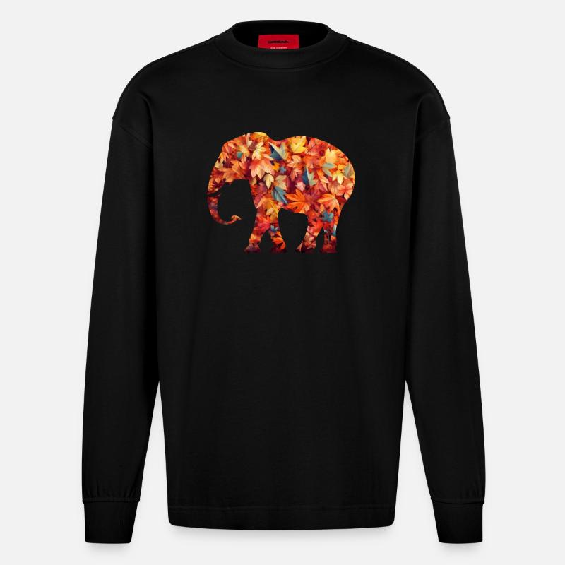 Éléphant dans les feuilles d’automne - Manches longues bio épais oversize fabriqué en UE - SOLID BLACK