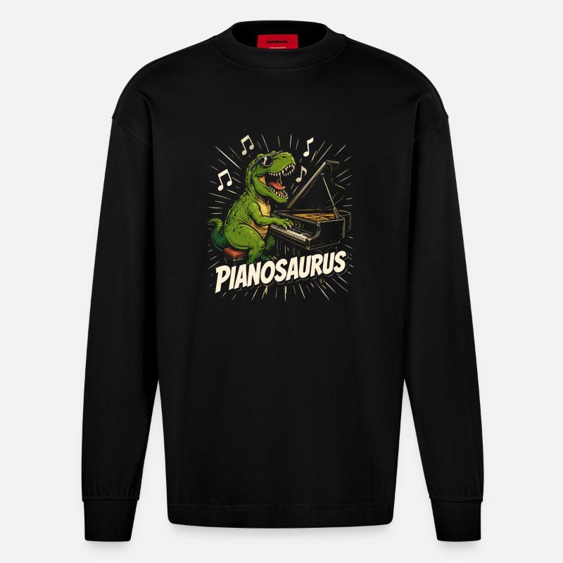 Spaßiger Pianist-Dinosaurier - Heavyweight Oversized Organic Langarmshirt Made in EU - SOLID BLACK
