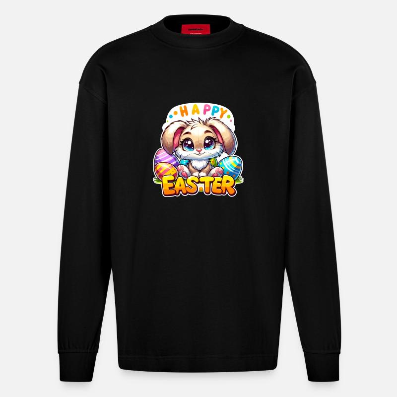 Happy Easter - Easter Bunny Illustration - Heavyweight Oversized Organic Longsleeve Shirt Made in EU - SOLID BLACK