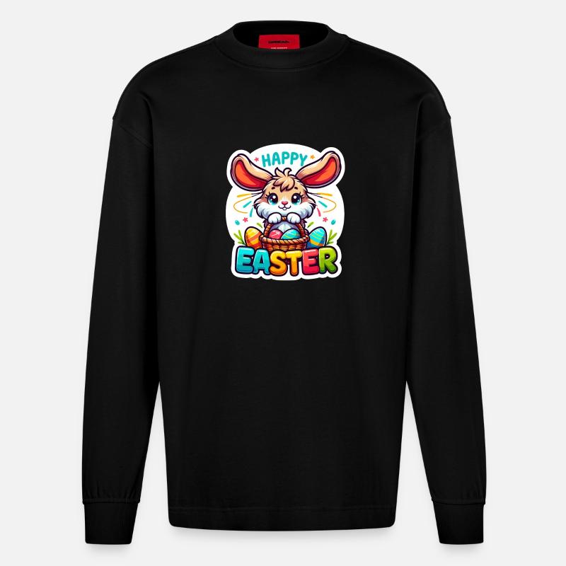 Happy Easter - Easter Bunny Illustration - Heavyweight Oversized Organic Longsleeve Shirt Made in EU - SOLID BLACK