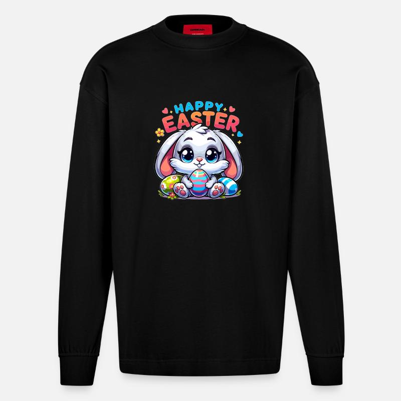 Happy Easter - Easter Bunny Illustration - Heavyweight Oversized Organic Longsleeve Shirt Made in EU - SOLID BLACK