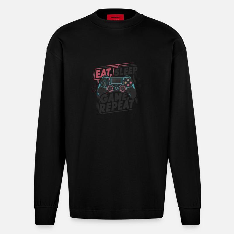 Eat, Sleep, Game, Repeat - Heavyweight Oversized Organic Langarmshirt Made in EU - SOLID BLACK
