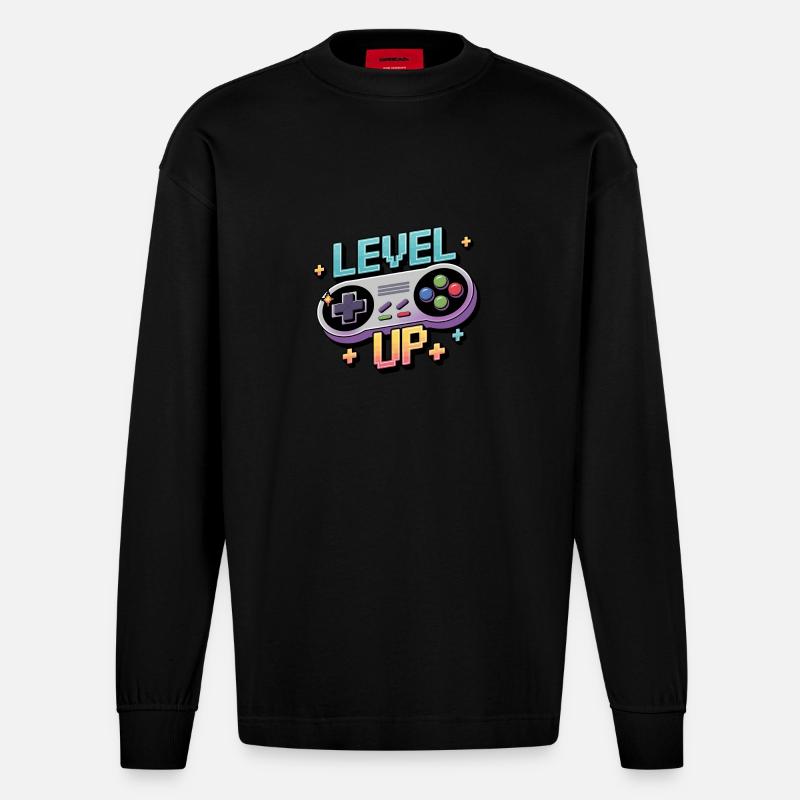 Level Up – Gaming Controller - Heavyweight Oversized Organic Langarmshirt Made in EU - SOLID BLACK