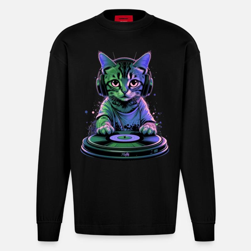 Kitty DJ 🎧 - Heavyweight Oversized Organic Langarmshirt Made in EU - SOLID BLACK