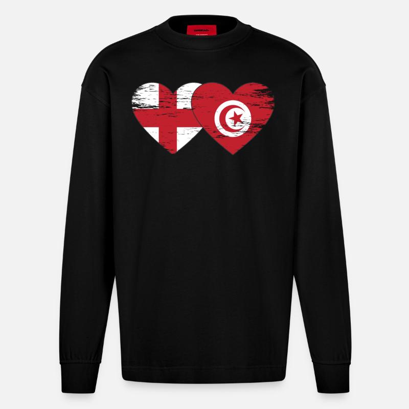 Angleterre Tunisie Drapeau Coeur Utilisé - Manches longues bio épais oversize fabriqué en UE - SOLID BLACK