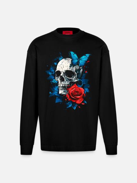 Skull Skull Butterfly Rose Flower - Heavyweight Oversized Organic Longsleeve Shirt Made in EU - SOLID BLACK
