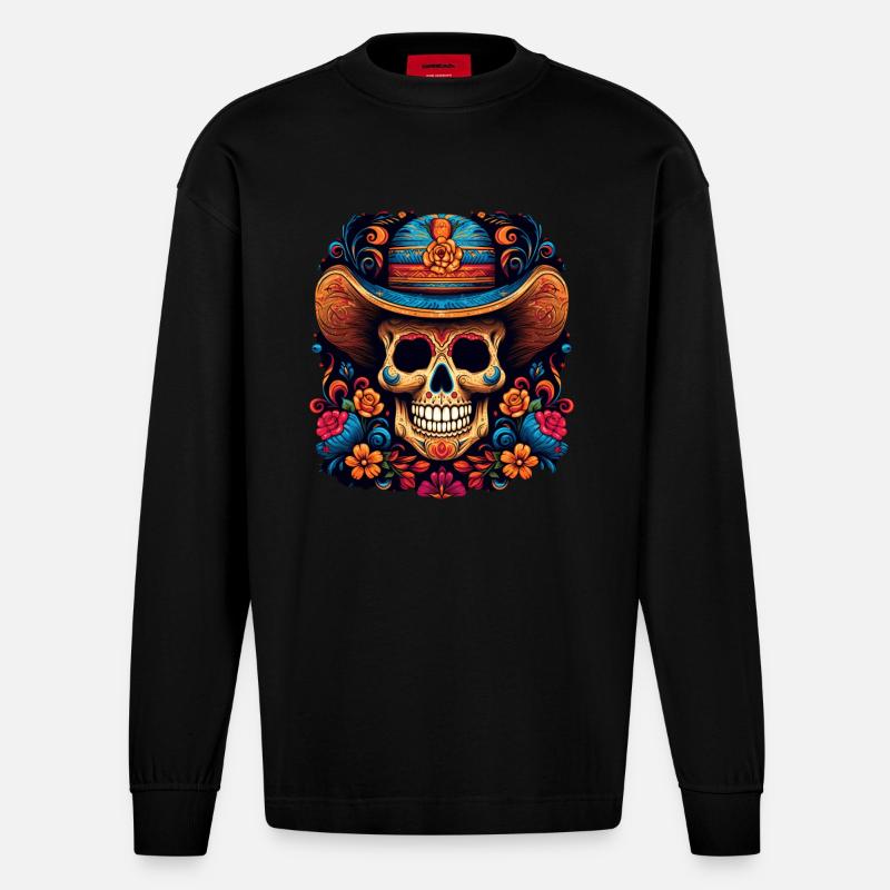 Cinco de Mayo Skull - Heavyweight Oversized Organic Langarmshirt Made in EU - SOLID BLACK