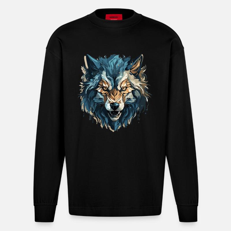 Wolf - Illustration - Heavyweight Oversized Organic Langarmshirt Made in EU - SOLID BLACK
