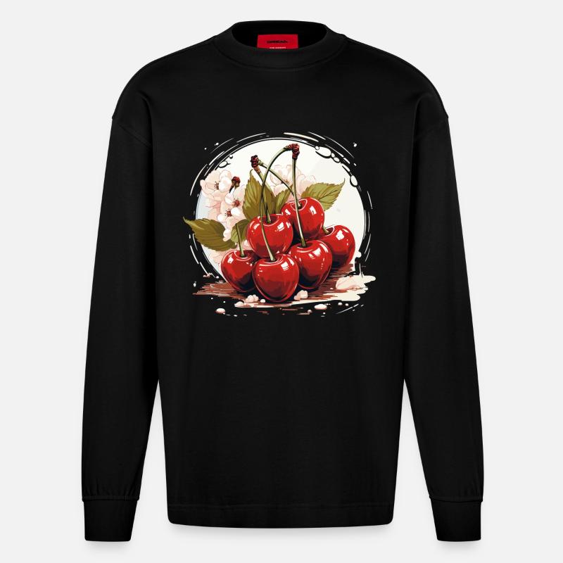 Cerisier - illustration - Manches longues bio épais oversize fabriqué en UE - SOLID BLACK