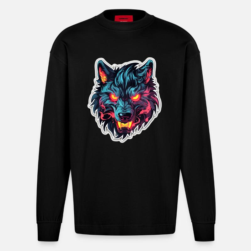 Wolf - Illustration - Heavyweight Oversized Organic Langarmshirt Made in EU - SOLID BLACK