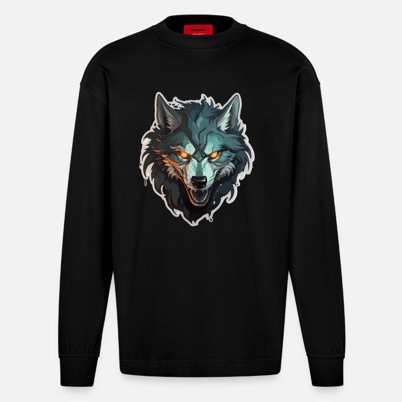 Wolf - Illustration - Heavyweight Oversized Organic Langarmshirt Made in EU - SOLID BLACK