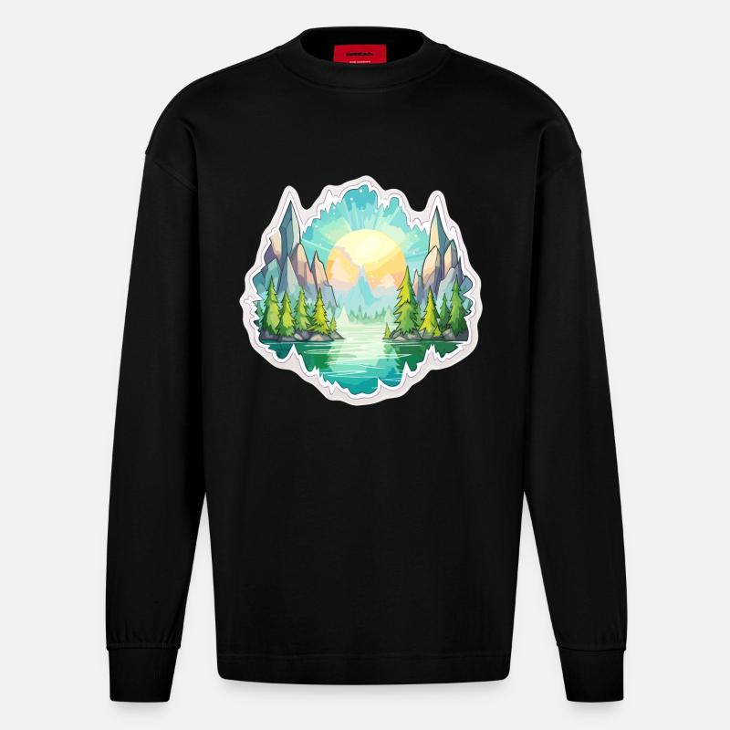 Landschaft - Illustration - Heavyweight Oversized Organic Langarmshirt Made in EU - SOLID BLACK