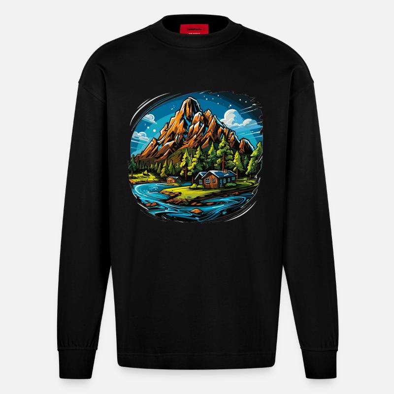 Landschaft - Illustration - Heavyweight Oversized Organic Langarmshirt Made in EU - SOLID BLACK
