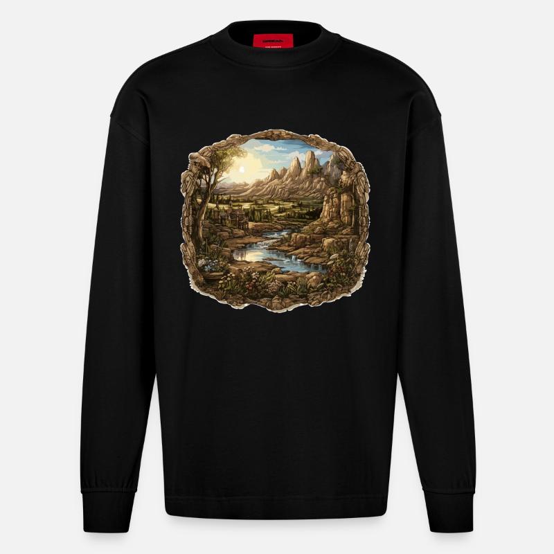 Paysage - Illustration - Manches longues bio épais oversize fabriqué en UE - SOLID BLACK